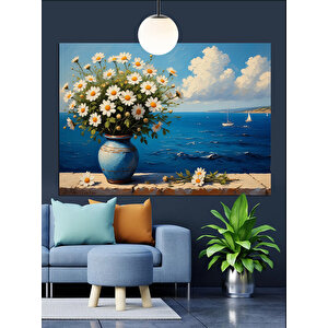 Vazoda Beyaz Çiçekler Deniz Dekoratif Kanvas - Mdf Ahşap Tablo