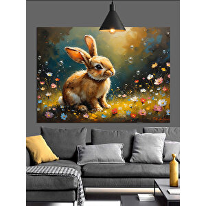Çiçekler Arasında Sevimli Tavşan Dekoratif Kanvas - Mdf Ahşap Tablo
