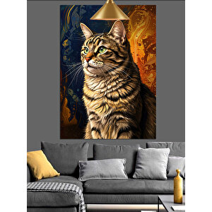 Tablodaki Kahverengi Kedi Dekoratif Kanvas - Mdf Ahşap Tablo 50x70 cm