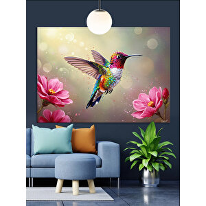 Pembe Çiçekler Arasında Sinekkuşu Dekoratif Kanvas - Mdf Ahşap Tablo 35x50 cm