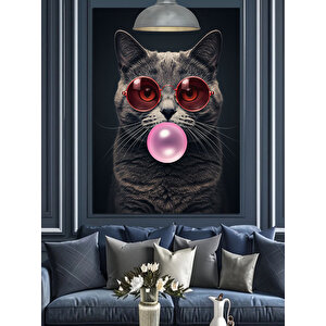 Sakız Çiğneyen Kedi Dekoratif Kanvas - Mdf Ahşap Tablo