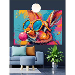 Gözlüklü Renkli Tavşan Çizimi Dekoratif Kanvas - Mdf Ahşap Tablo