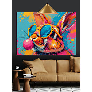 Gözlüklü Renkli Tavşan Çizimi Dekoratif Kanvas - Mdf Ahşap Tablo