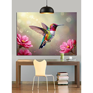 Pembe Çiçekler Arasında Sinekkuşu Dekoratif Kanvas - Mdf Ahşap Tablo 70x100 cm