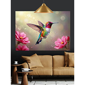 Pembe Çiçekler Arasında Sinekkuşu Dekoratif Kanvas - Mdf Ahşap Tablo 70x100 cm