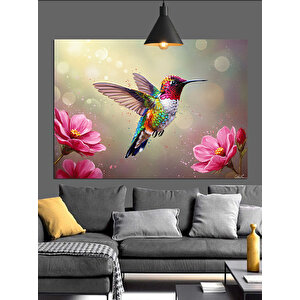 Pembe Çiçekler Arasında Sinekkuşu Dekoratif Kanvas - Mdf Ahşap Tablo