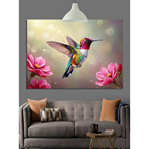 Pembe Çiçekler Arasında Sinekkuşu Dekoratif Kanvas - Mdf Ahşap Tablo