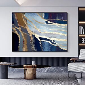 Lüks Mermer Duvar Dekoru; Lacivert Duvar Sanatı; Soyut Mermer Tablosu; Altın Mermer Kanvas 60x120 cm