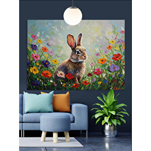 Çiçekler İçinde Sevimli Tavşan Dekoratif Kanvas - Mdf Ahşap Tablo