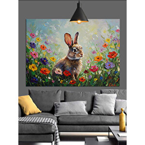 Çiçekler İçinde Sevimli Tavşan Dekoratif Kanvas - Mdf Ahşap Tablo 70x100 cm
