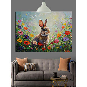 Çiçekler İçinde Sevimli Tavşan Dekoratif Kanvas - Mdf Ahşap Tablo 70x100 cm