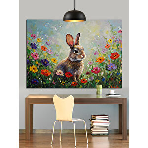Çiçekler İçinde Sevimli Tavşan Dekoratif Kanvas - Mdf Ahşap Tablo 50x70 cm
