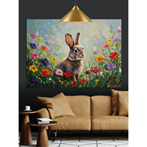 Çiçekler İçinde Sevimli Tavşan Dekoratif Kanvas - Mdf Ahşap Tablo