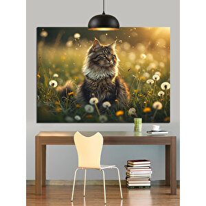 Papatyalar Arasında Tüylü Kedi Dekoratif Kanvas - Mdf Ahşap Tablo 70x100 cm
