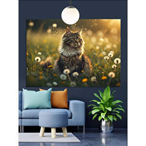Papatyalar Arasında Tüylü Kedi Dekoratif Kanvas - Mdf Ahşap Tablo 70x100 cm
