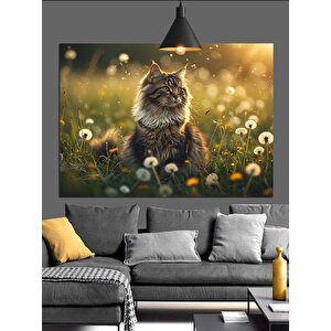 Papatyalar Arasında Tüylü Kedi Dekoratif Kanvas - Mdf Ahşap Tablo
