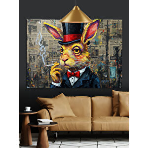 Silindir Şapkalı Tavşan Portresi Dekoratif Kanvas - Mdf Ahşap Tablo 35x50 cm