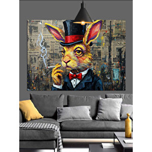 Silindir Şapkalı Tavşan Portresi Dekoratif Kanvas - Mdf Ahşap Tablo 35x50 cm