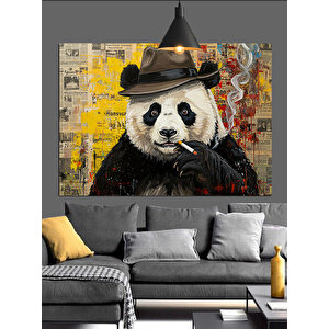 Şapkalı Sigara İçen Panda Dekoratif Kanvas - Mdf Ahşap Tablo