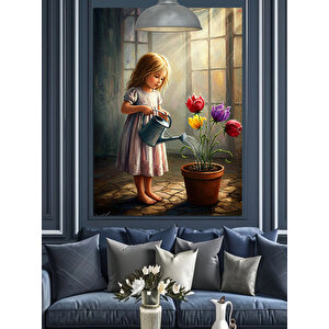 Çiçek Sulayan Kız Dekoratif Kanvas - Mdf Ahşap Tablo 70x100 cm