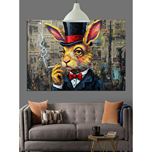 Silindir Şapkalı Tavşan Portresi Dekoratif Kanvas - Mdf Ahşap Tablo