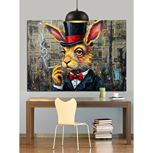 Silindir Şapkalı Tavşan Portresi Dekoratif Kanvas - Mdf Ahşap Tablo