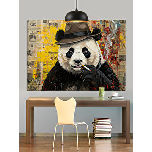 Şapkalı Sigara İçen Panda Dekoratif Kanvas - Mdf Ahşap Tablo 35x50 cm