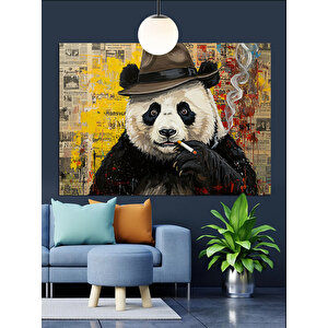 Şapkalı Sigara İçen Panda Dekoratif Kanvas - Mdf Ahşap Tablo 35x50 cm