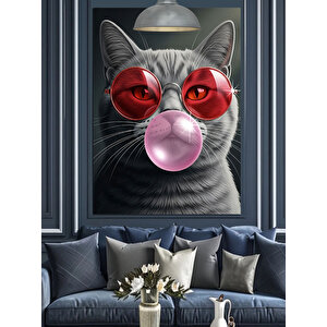 Sakız Çiğneyen Kedi Dekoratif Kanvas - Mdf Ahşap Tablo