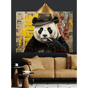 Şapkalı Sigara İçen Panda Dekoratif Kanvas - Mdf Ahşap Tablo 70x100 cm