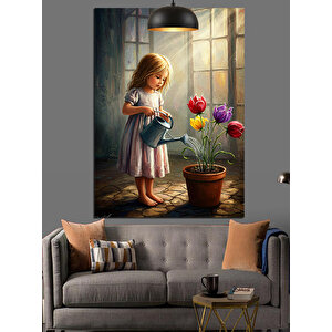 Çiçek Sulayan Kız Dekoratif Kanvas - Mdf Ahşap Tablo 70x100 cm