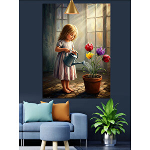 Çiçek Sulayan Kız Dekoratif Kanvas - Mdf Ahşap Tablo 70x100 cm