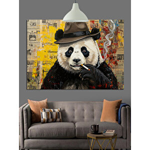 Şapkalı Sigara İçen Panda Dekoratif Kanvas - Mdf Ahşap Tablo