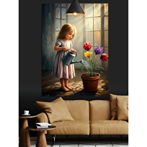Çiçek Sulayan Kız Dekoratif Kanvas - Mdf Ahşap Tablo