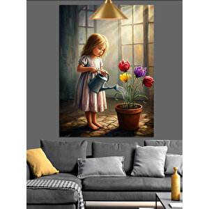 Çiçek Sulayan Kız Dekoratif Kanvas - Mdf Ahşap Tablo