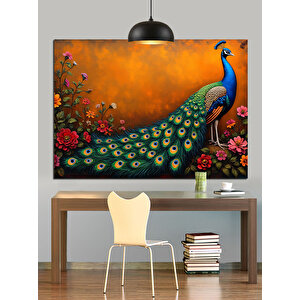 Çiçekler İçinde Mavi Tavuskuşu Dekoratif Kanvas - Mdf Ahşap Tablo 70x100 cm