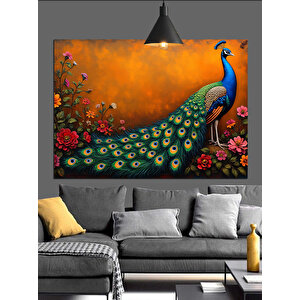Çiçekler İçinde Mavi Tavuskuşu Dekoratif Kanvas - Mdf Ahşap Tablo