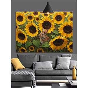 Tavşan Ve Ayçiçek Tarlası Dekoratif Kanvas - Mdf Ahşap Tablo