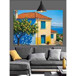 Sarı Çiçekli Mavi Ev Dekoratif Kanvas - Mdf Ahşap Tablo 25x35 cm