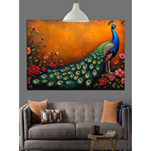 Çiçekler İçinde Mavi Tavuskuşu Dekoratif Kanvas - Mdf Ahşap Tablo 70x100 cm