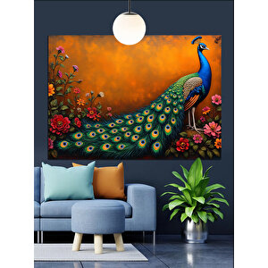 Çiçekler İçinde Mavi Tavuskuşu Dekoratif Kanvas - Mdf Ahşap Tablo 70x100 cm