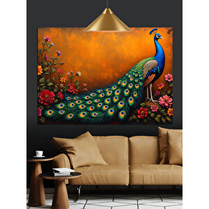 Çiçekler İçinde Mavi Tavuskuşu Dekoratif Kanvas - Mdf Ahşap Tablo