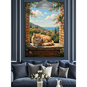 Taş Duvar Ve Kedi Dekoratif Kanvas - Mdf Ahşap Tablo