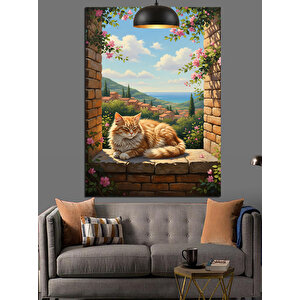 Taş Duvar Ve Kedi Dekoratif Kanvas - Mdf Ahşap Tablo