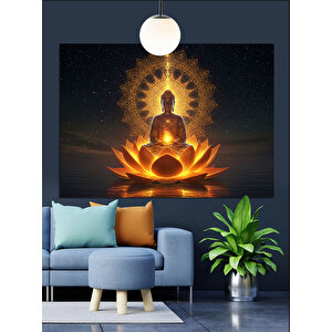 Lotus Çiçekleriyle Buda Heykeli Dekoratif Kanvas - Mdf Ahşap Tablo