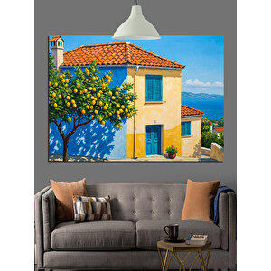 Sarı Çiçekli Mavi Ev Dekoratif Kanvas - Mdf Ahşap Tablo