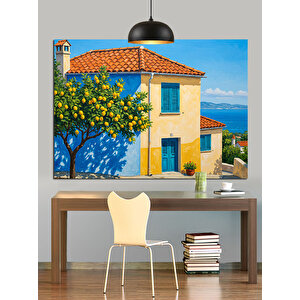 Sarı Çiçekli Mavi Ev Dekoratif Kanvas - Mdf Ahşap Tablo