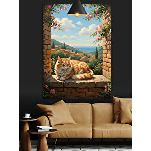 Taş Duvar Ve Kedi Dekoratif Kanvas - Mdf Ahşap Tablo 50x70 cm