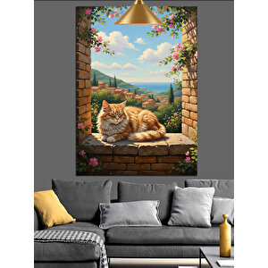 Taş Duvar Ve Kedi Dekoratif Kanvas - Mdf Ahşap Tablo 50x70 cm