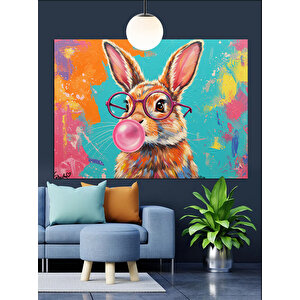 Sakız Çiğneyen Gözlüklü Tavşan Dekoratif Kanvas - Mdf Ahşap Tablo 70x100 cm